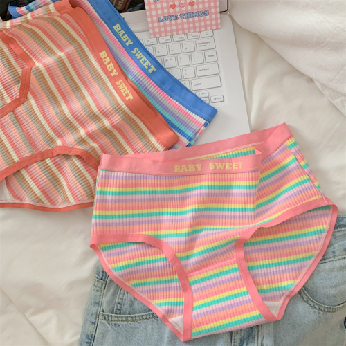 Rainbow Sweetheart ~ Dopamine Sweet and Cute Women's Underwear Striped Comfortable Mid-waist Underwear Women 2024 New Style