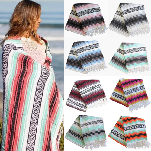 Mexican Blanket Geometric Tassel Style Blanket Woven Tassel Shawl Blanket Beach Blanket Picnic Mat Yoga Cotton Blanket