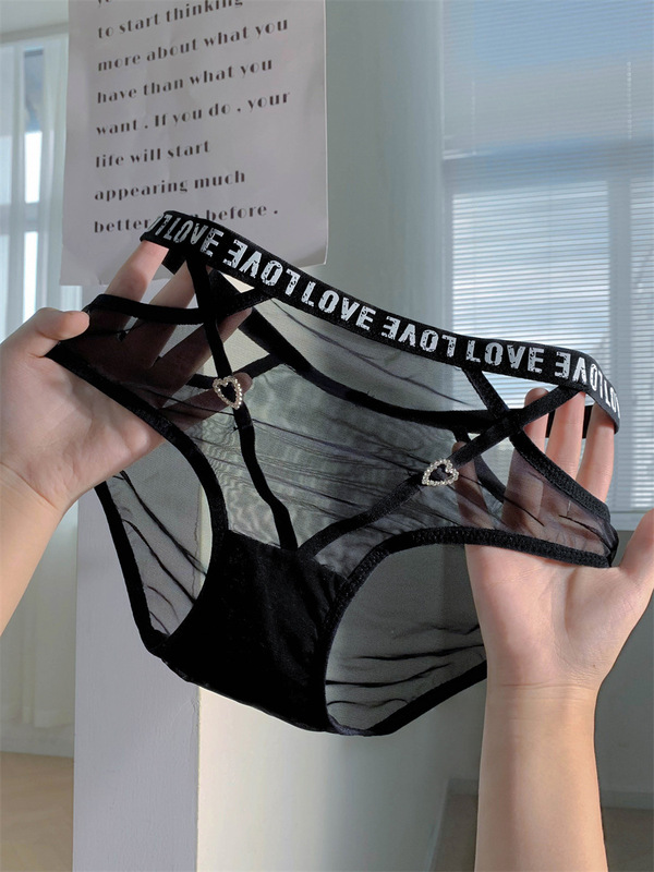 Sexy lace mesh seamless strappy underwear for women new fashion letters pure desire hollow breathable mid-waist briefs