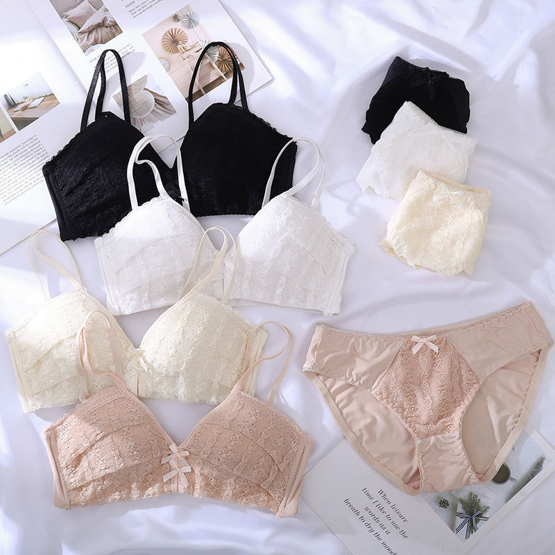 Bow Japanese girl fashion underwear set, pure and comfortable push-up bra, no rims, beautiful back bra set