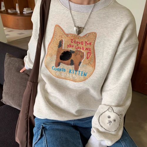 [Tmall/Quality/Thin Style] Heavy Chinese Cotton/Silver Fox Velvet Fat Cat Letter Printed Round Neck Sweatshirt for Women