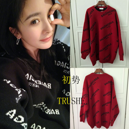 Autumn and winter new style Yang Mi star's same LOGO letter printed sweater loose round neck mid-length sweater