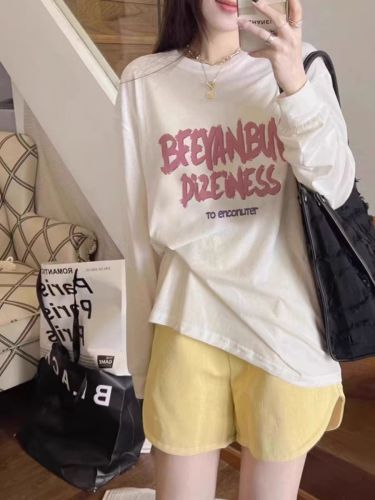 Pure Cotton 200G High-Quality Item + Back Print Collar Long-Sleeve Spring and Autumn Base Shirt T-Shirt for Women Students Trendy