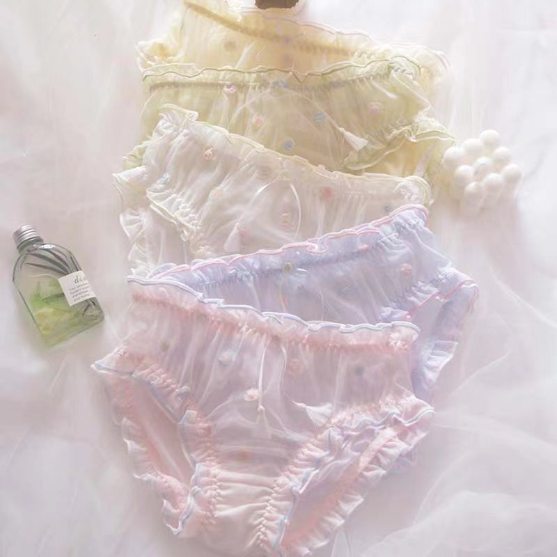 New colorful three-dimensional small flower lace underwear, cute and sexy underwear, pure desire women's mid-waist cream mesh underwear