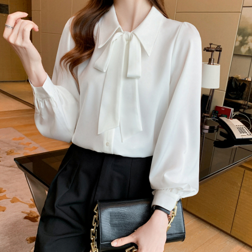 Real shot Satin white shirt women's autumn new style 2024 high-end long-sleeved shirt high-end western style top