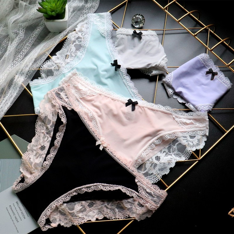 European and American foreign trade PINK ice silk quick-drying seamless lace sexy underwear women's large size low-waist women's briefs