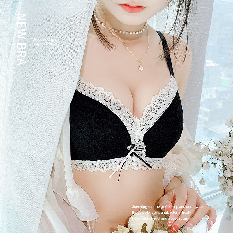 Retro contrasting color lace sexy wire-free underwear for women skin-friendly small breasts breathable push-up bra