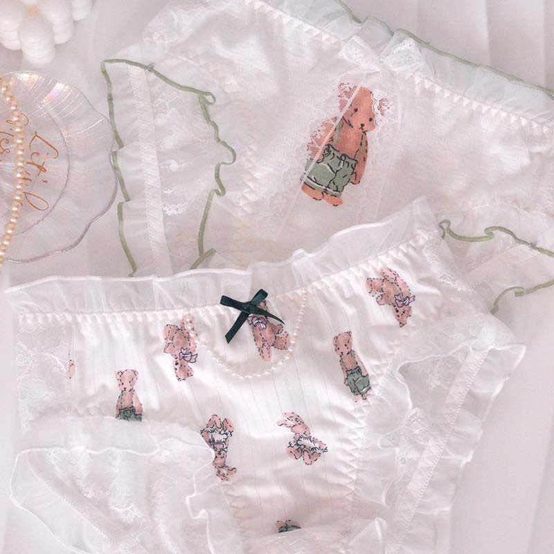 Cute bear lace student underwear women's pure cotton crotch mid-waist elastic breathable women's briefs pure cotton
