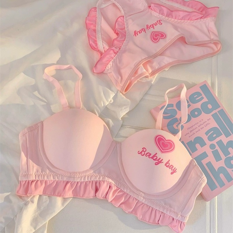Sweet push-up small breasts half cup underwear set female pure sex sexy bra without steel ring cute Japanese bra