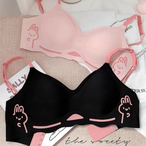 Black Sweet Rabbit ~ Cute Seamless Underwear for Women Small Breasts Push-up and Secondary Breasts Anti-sagging Bra without Wires to Make the Size Larger