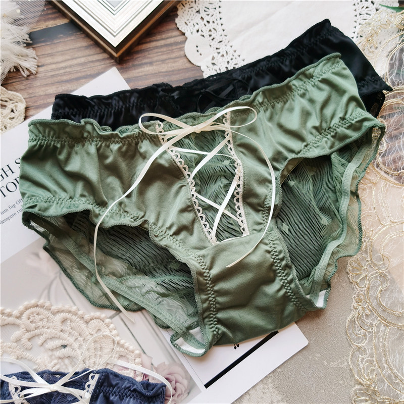 Punk elements #lace-up sexy temptation ice silk mesh hip-covering low-waist women's underwear