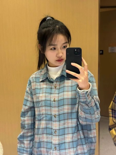 Korean light luxury milk blue plaid shirt for female students to wear loose, slim and versatile bottoming shirt to wear outside