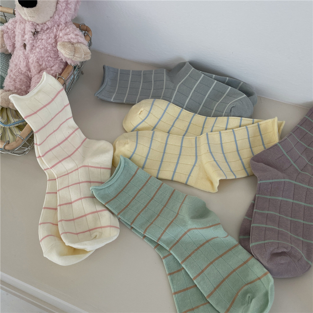 Solid color college style Morandi color rolled edge pinstripe mid-calf socks autumn and winter soft socks for women pile socks