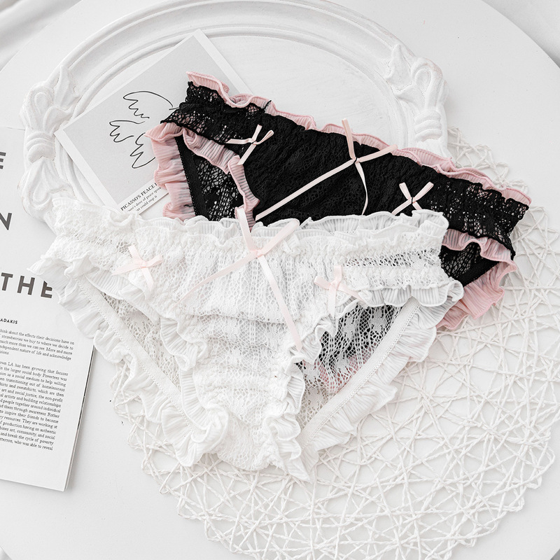 Sexy Pure Desire Hot Girl Style Lace Panties Wholesale Ribbon Contrast Color Lace Low Waist Women's Briefs