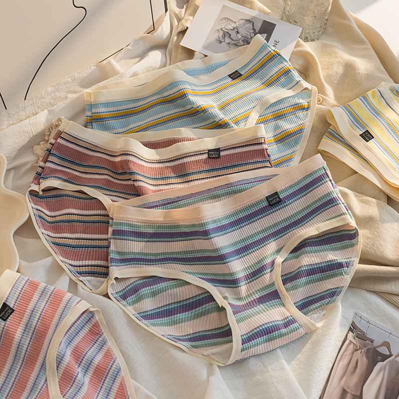 Cross-border underwear women's modal cotton shorts middle school students new ins striped thread mid-waist bag hip briefs
