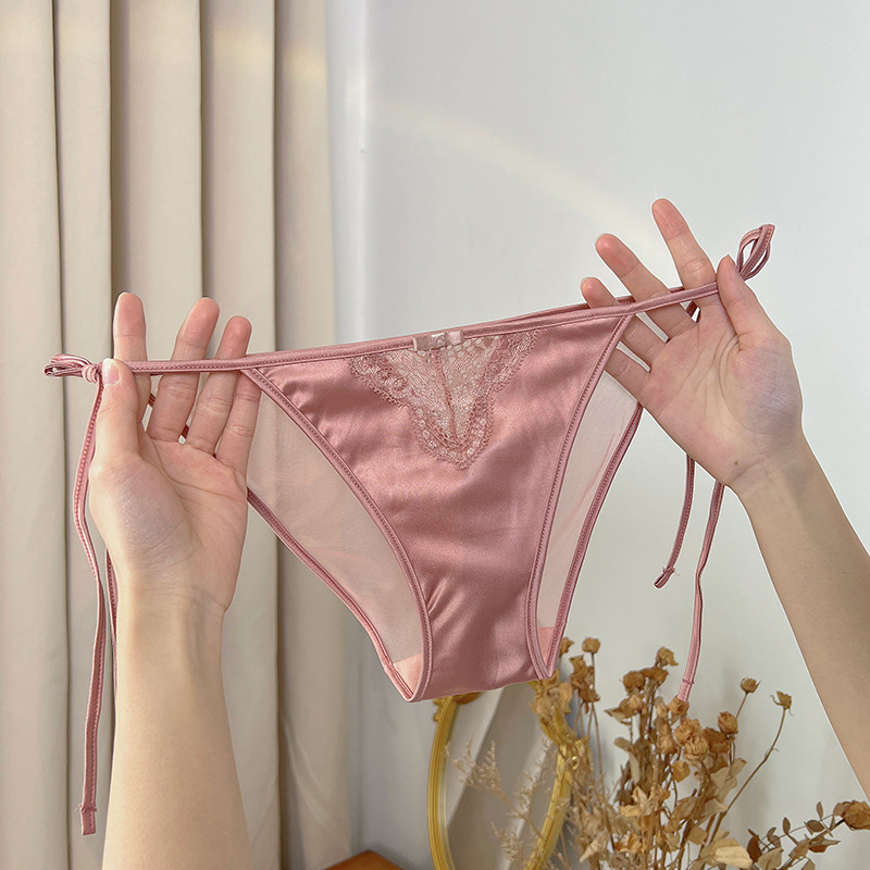 European and American strappy underwear for women, tempting ultra-thin cool satin ice silk seamless transparent briefs