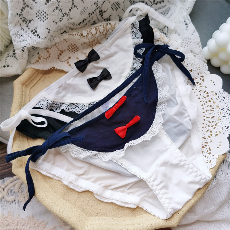 Maid roleplay#Sexy yet cute Japanese lace-up releasable ice silk color-blocked low-waist women's underwear