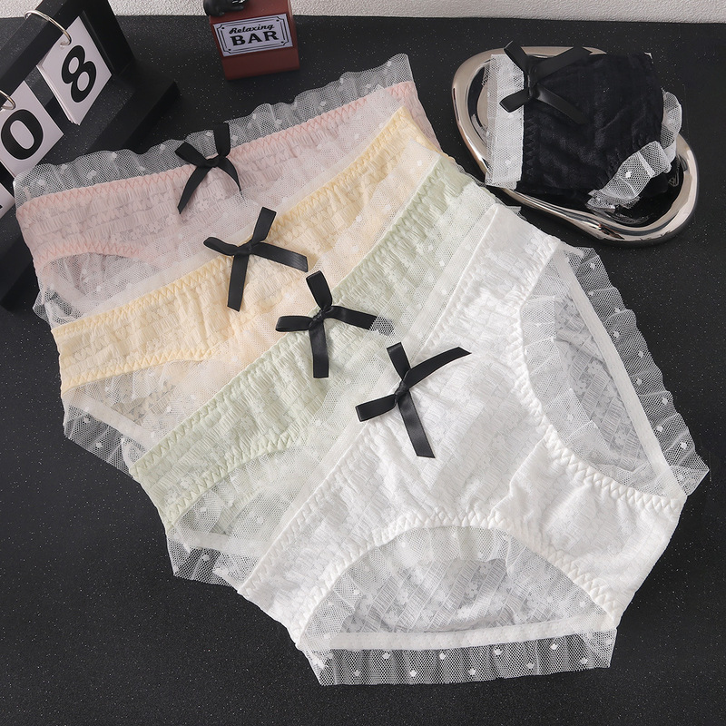 New sweet and fashionable bow girl's underwear mid-waist high elastic bubble breathable lace student briefs