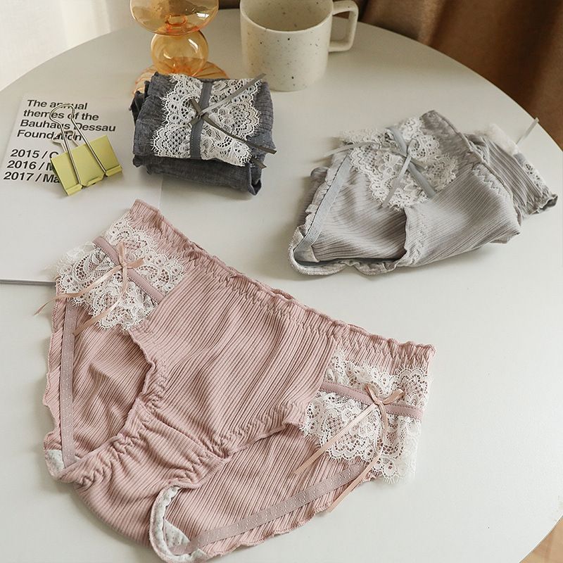 Elegant Hepburn girl's underwear pure lust bow low waist comfortable threaded cotton hip-covering breathable briefs for women