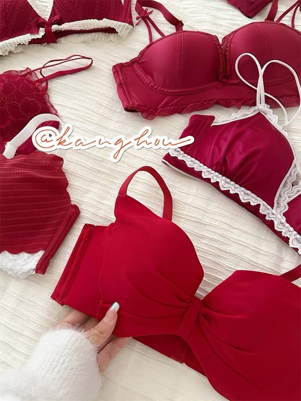 Red Zodiac Year Underwear Women's Suit Wedding Sexy Wireless Push-Up Adjustable Festive Lace Bra