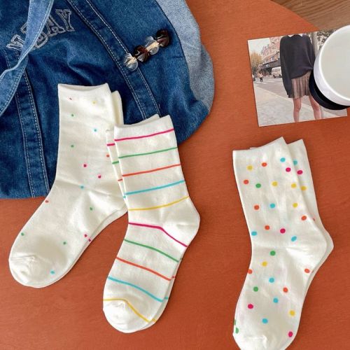 Korean style colorful polka dot socks women's mid-calf socks summer thin striped Japanese style cute spring and autumn white pile socks