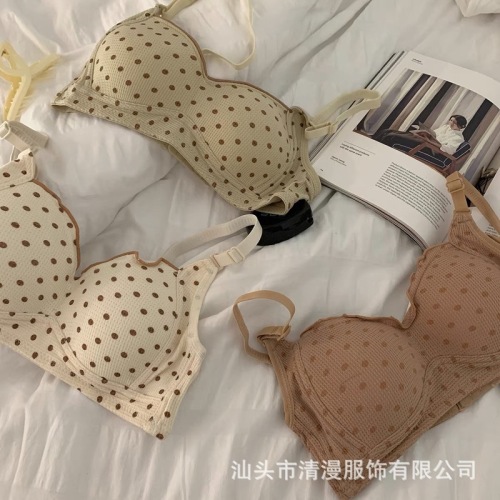Polka-dot girl underwear, sweet, small breasts, no rims, anti-sagging, comfortable and breathable French student bra for women