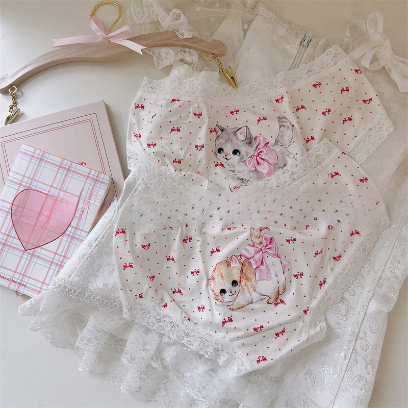 Lolita Mori Cat Cute Stretch Modal Lace Japanese Printed Women's Underwear Briefs