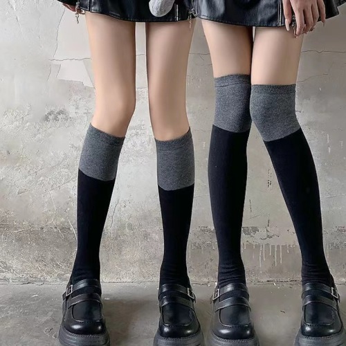 Women's socks autumn creative color-blocked calf socks black and gray stitching college style stockings ins trendy over-the-knee socks