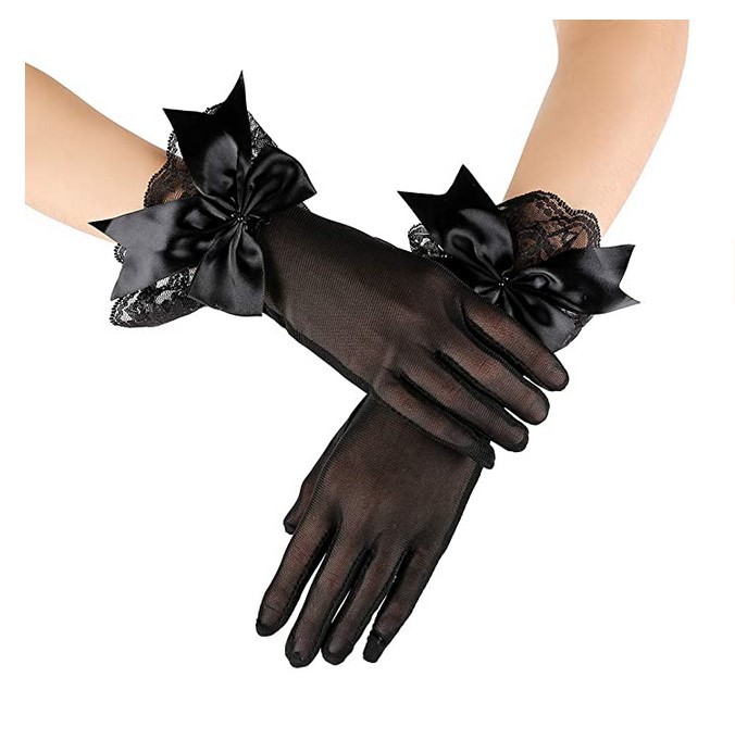 Bridal wedding dress gloves short mesh black lace bow gloves