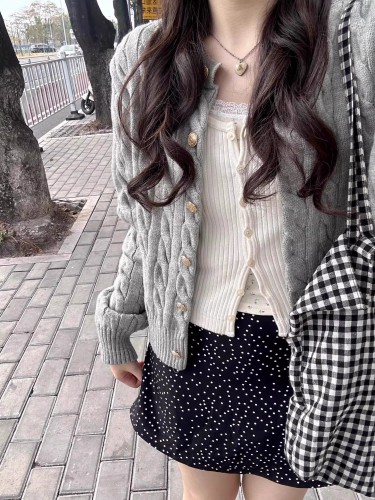 2024 spring new button cable gray short top classic versatile knitted cardigan coat sweater for women