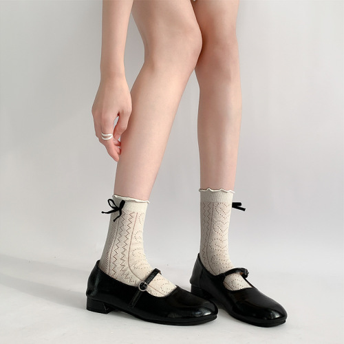 Jacquard Breathable Summer Ballet Style Socks Bow Lace Socks Women's Summer Thin Hollow White Mid-Tube Socks