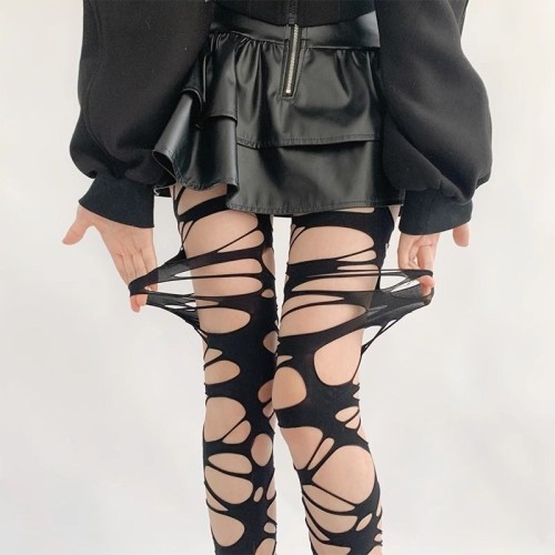 Fishnet stockings, women's sexy black stockings, punk style ripped bandages, black silk over-the-knee socks, irregular stockings