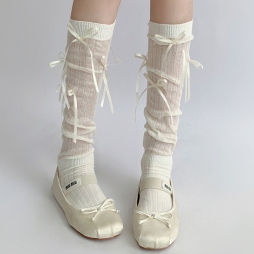 Ballet style ribbon bow ins white summer niche design over-the-knee socks for women college style jk piles of calf socks