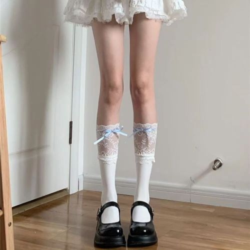 Ballet style girl spring and summer ribbon bow mid-calf socks lace milky white sweet girl pile socks