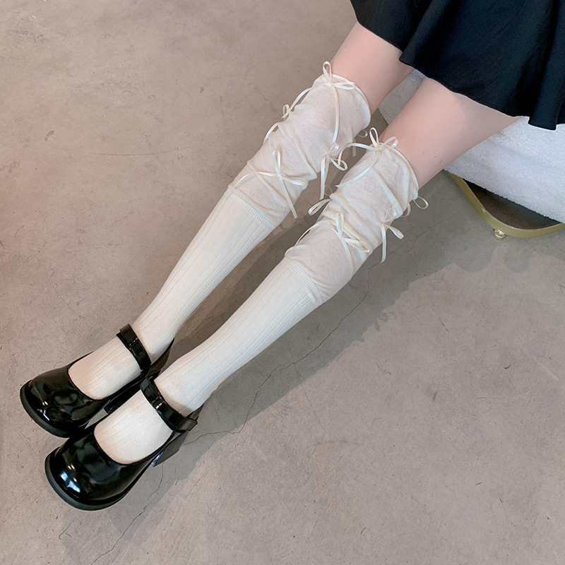 Autumn and winter over-the-knee socks ballet girls pile socks ins solid color bow stockings spliced ​​yarn high socks for women