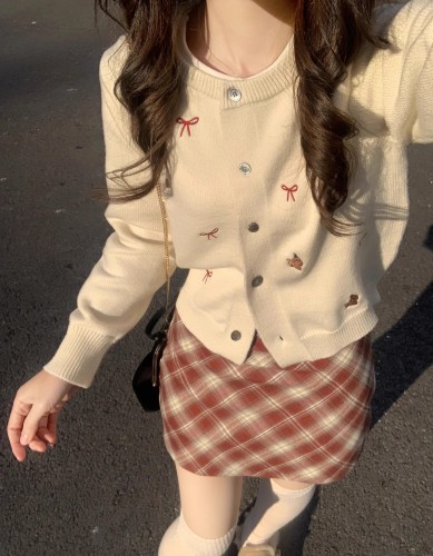 Gentle Korean style bow embroidered sweet sweater knitted cardigan coat for women spring and autumn design short top