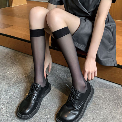 Black mid-calf stockings for women in spring and autumn thin anti-snagging over-the-knee socks half-length long jk calf socks anti-slip ins trend