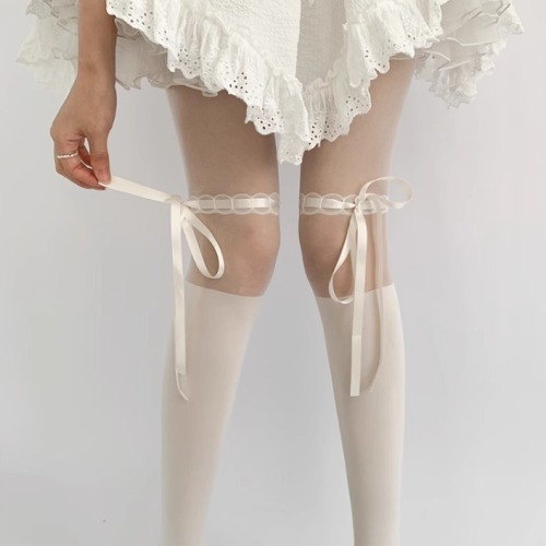 Bow stockings white spliced ​​pantyhose women spring and summer thin lolita hot girl black stockings