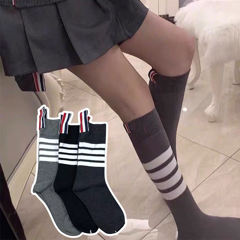 Trendy brand TB socks for men and women in spring and summer JK Internet celebrity INS trendy mid-length gray four-bar striped pure cotton calf socks