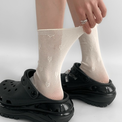 Summer thin ballet style socks for women with love fungus lace Korean style sweet fairy mid-calf socks hollow pile socks