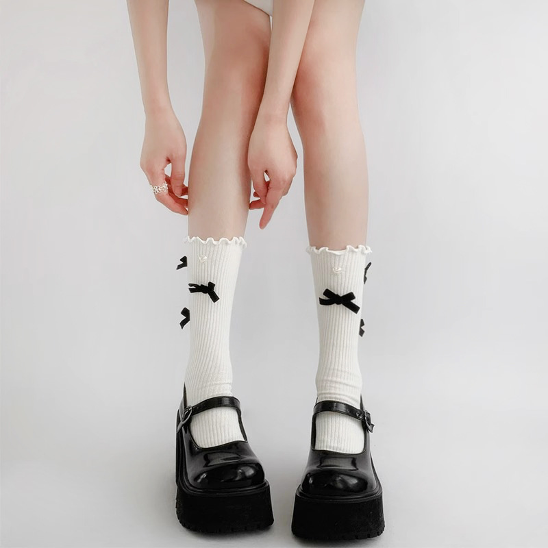 Lolita fungus lace mid-calf socks spring and summer flocked bow pile socks love versatile striped calf socks cotton
