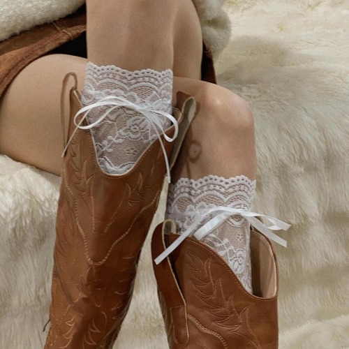 Lace calf socks for women, spring and summer mid-calf socks, cotton bow Maillard boots, spliced ​​stockings