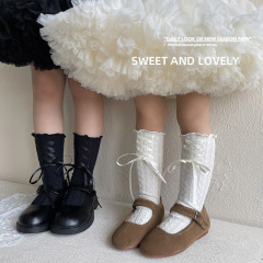 2024 new autumn children's socks ballet straps children's mid-calf socks hemp pattern bow pile socks modern style