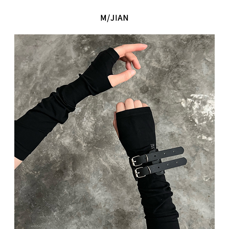 Punk style dark black Y2K half finger sleeves for women ins fashion men's leather bracelet summer thin ice silk sleeves sun protection sleeves