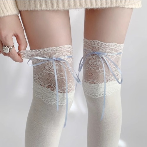 White knee-high socks for women with bow lolita socks jk stockings lace lace boot socks