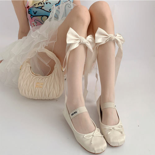 New bow socks for women mid-calf summer thin white jk calf stockings lolita stockings