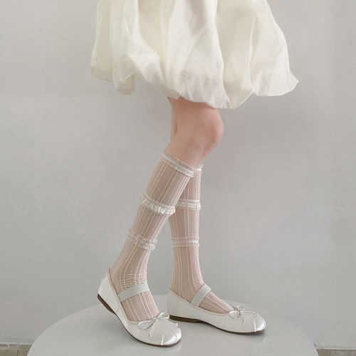 Japanese pile socks for women summer thin jk white lace three-layer lace mesh transparent calf socks mid-high tube