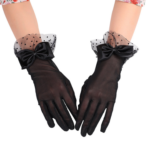 Fashionable wedding bride evening gloves polka dot mesh black lace creative bow gloves