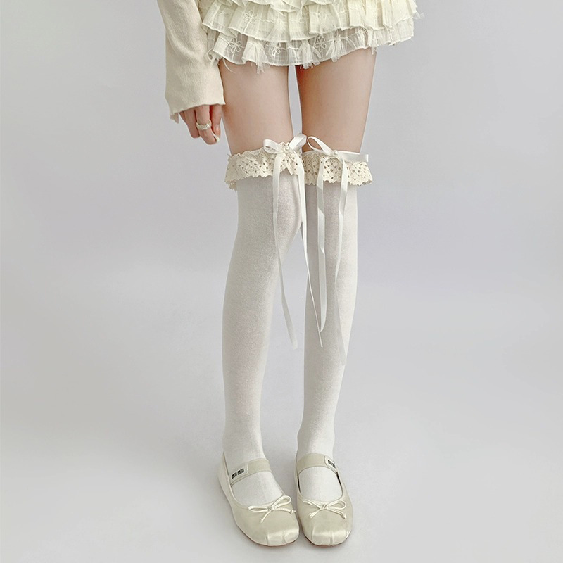 Autumn white over-the-knee socks cotton bow strap leg covers sweet Japanese JK Lolita lace mid-calf socks