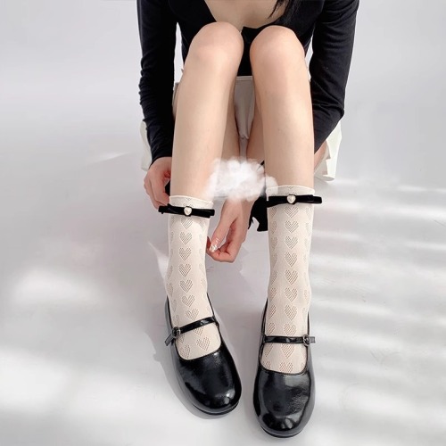 Bow tie pearl love white fungus socks jk summer thin short mid-calf socks for women with Mary Jane shoes